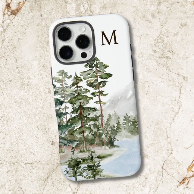 Monogrammed Green Pine Forest and Lake Case-Mate iPhone Case (In situ)