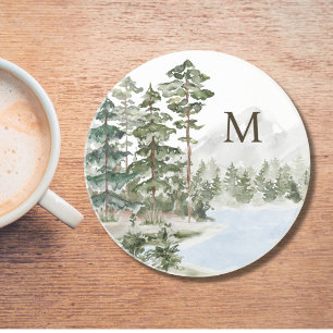 Monogrammed Green Pine Forest and Lake Coaster