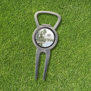 Monogrammed Green Pine Forest and Lake Divot Tool
