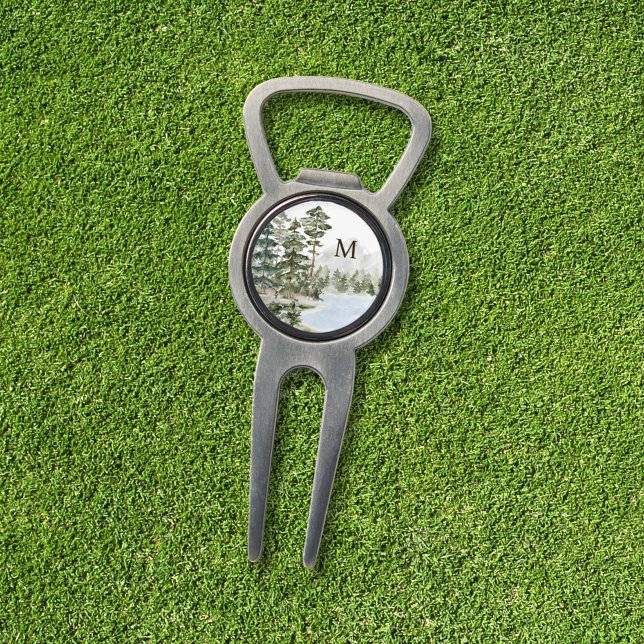 Monogrammed Green Pine Forest and Lake Divot Tool (In situ)