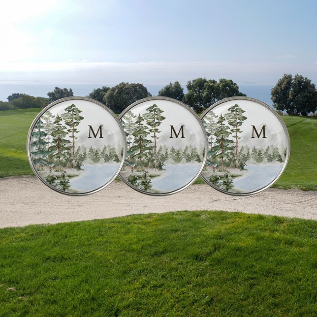Monogrammed Green Pine Forest and Lake Golf Ball Marker (In situ)