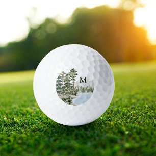 Monogrammed Green Pine Forest and Lake Golf Balls