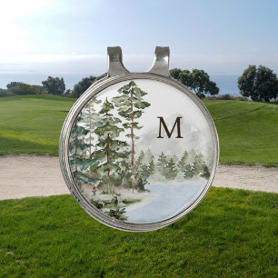 Monogrammed Green Pine Forest and Lake Golf Hat Clip