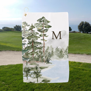 Monogrammed Green Pine Forest and Lake Golf Towel