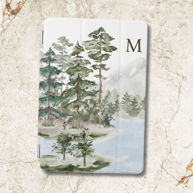 Monogrammed Green Pine Forest and Lake iPad Mini Cover (In situ)