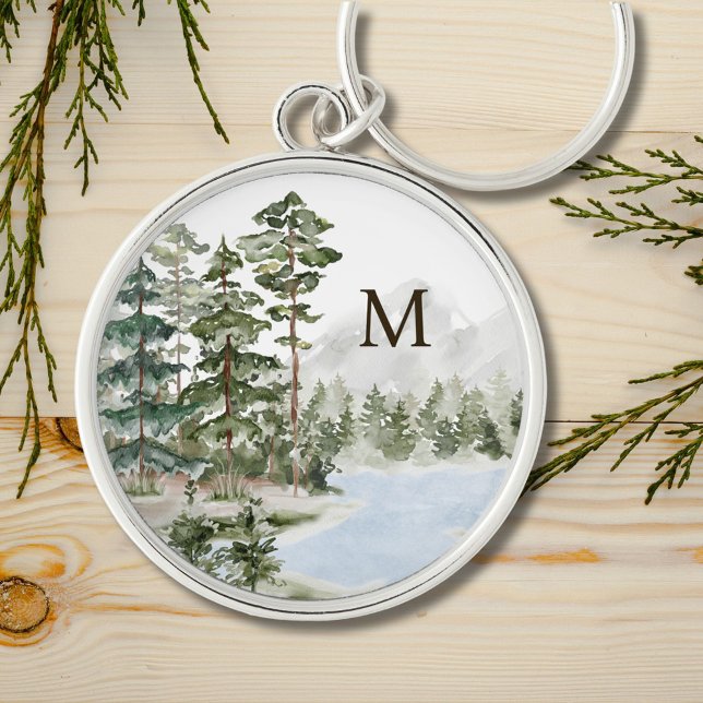 Monogrammed Green Pine Forest and Lake Keychain (In situ)