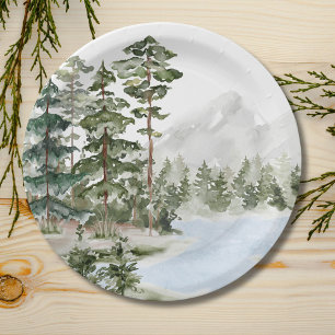 Monogrammed Green Pine Forest and Lake Paper Plates