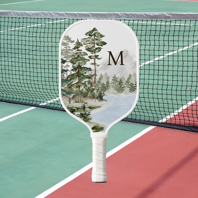 Monogrammed Green Pine Forest and Lake Pickleball Paddle (In situ)