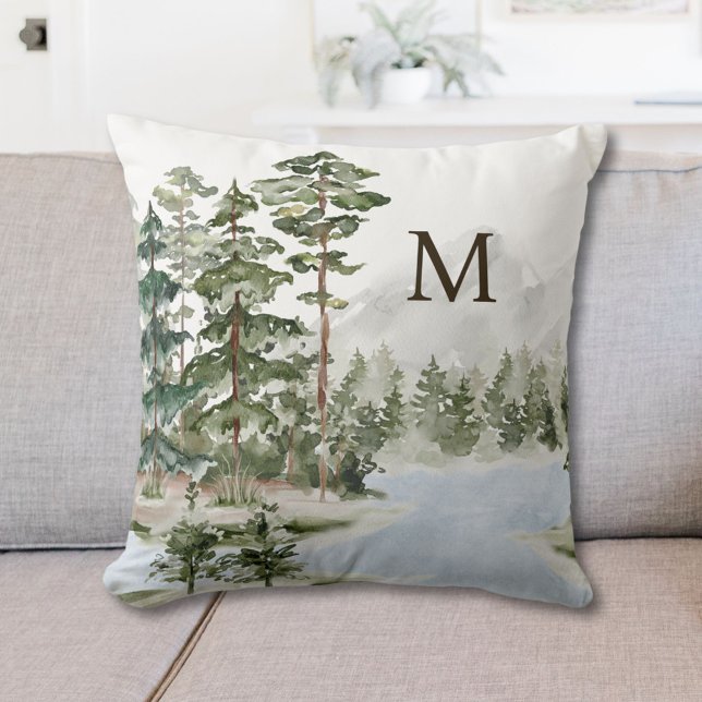 Monogrammed Green Pine Forest and Lake Throw Pillow (In situ)