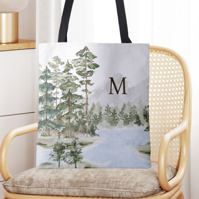 Monogrammed Green Pine Forest and Lake Tote Bag (In situ)