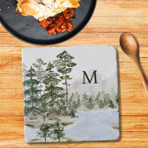 Monogrammed Green Pine Forest and Lake Trivet