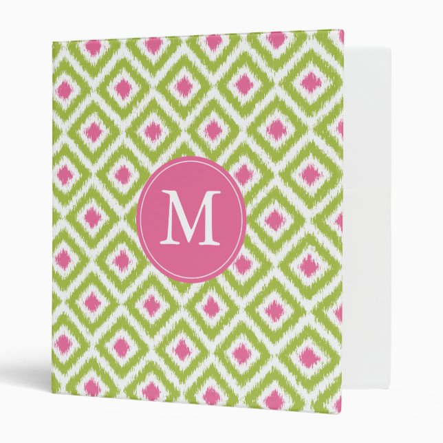 Monogrammed Green Pink Diamond Ikat Pattern Binder (Front/Inside)