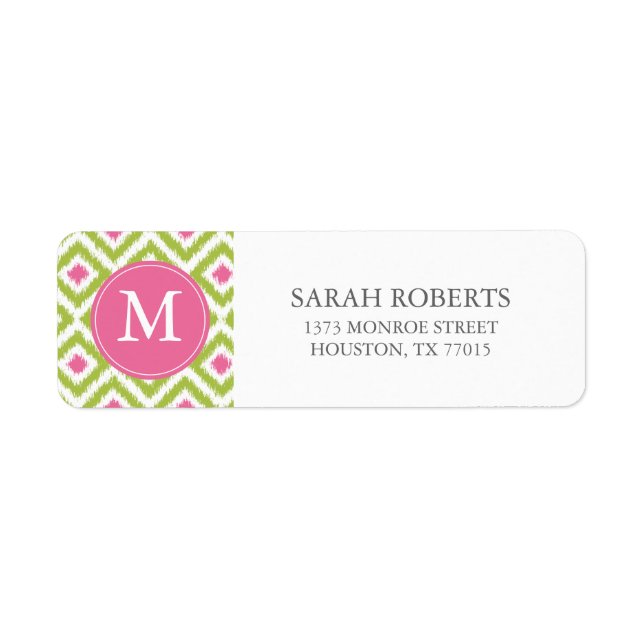 Monogrammed Green Pink Diamonds Ikat Pattern Label (Front)