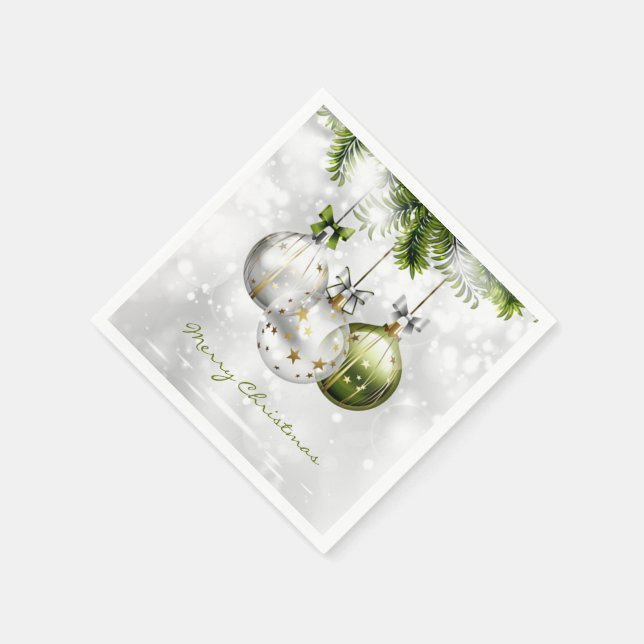 Monogrammed Green Silver Gold Christmas Ornaments Napkins (Corner)
