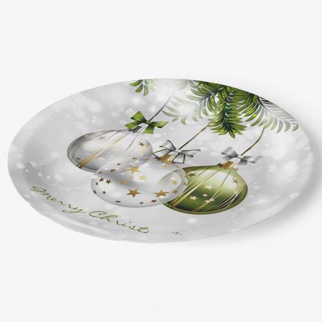 Monogrammed Green Silver Gold Christmas Ornaments Paper Plates (Angled)