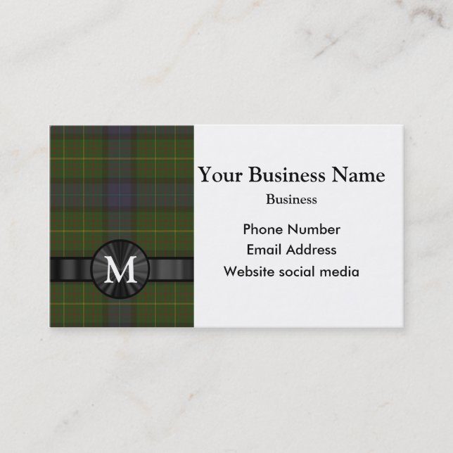 Monogrammed green tartan plaid business card (Front)