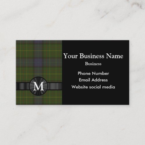 Monogrammed green tartan plaid business card