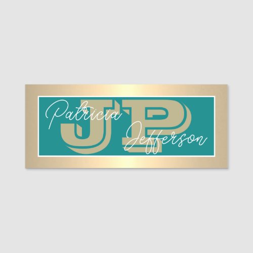 Monogrammed Green Teal Luxury Golden Professional Name Tag