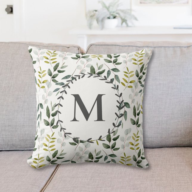 Monogrammed Green Tropical Eucalyptus Pattern Throw Pillow (In situ)