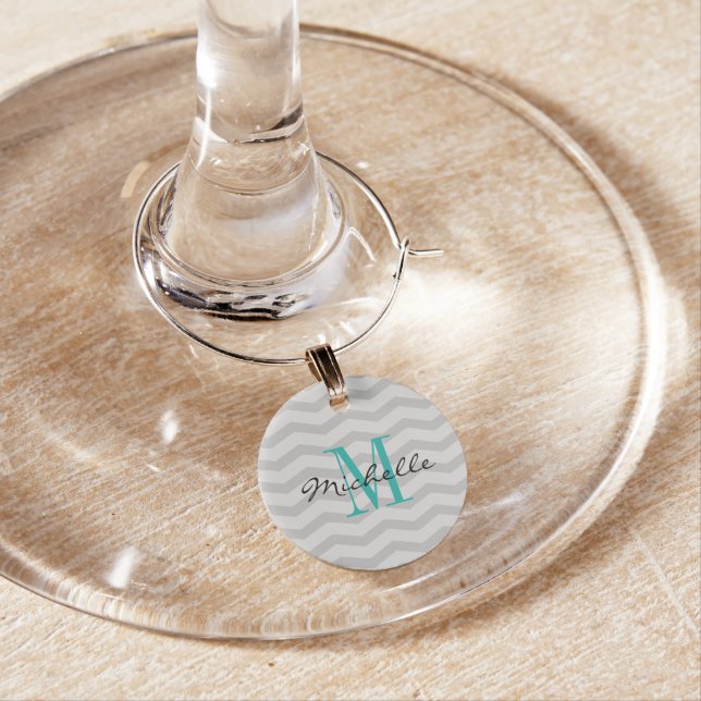 Monogrammed grey chevron pattern wine glass charms (In Situ)