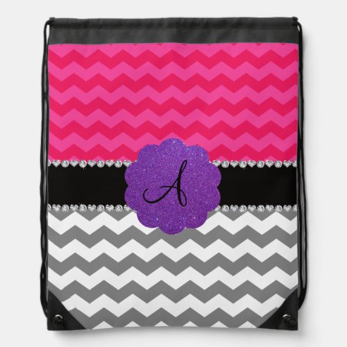 Monogrammed grey pink chevrons purple scallop drawstring bag