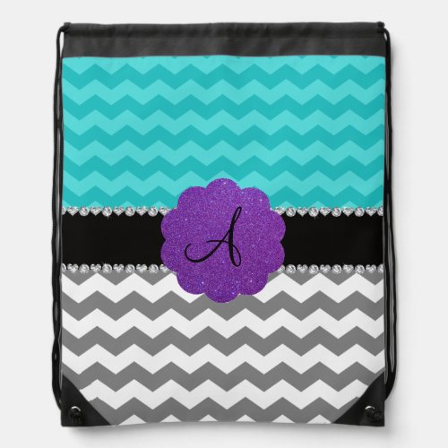 Monogrammed grey turquoise chevrons purple scallop drawstring bag