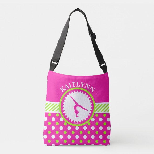 Monogrammed Gymnastics Pink and Green Polka-Dots Crossbody Bag (Front)