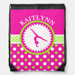 Monogrammed Gymnastics Pink and Green Polka-Dots Drawstring Bag