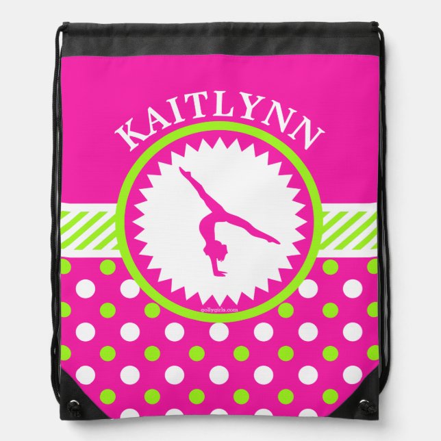 Monogrammed Gymnastics Pink and Green Polka-Dots Drawstring Bag (Front)