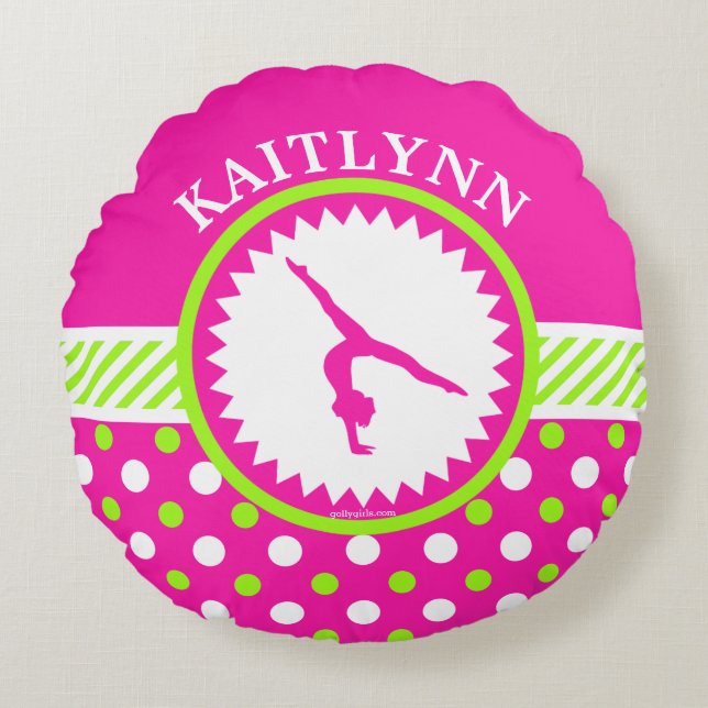 Monogrammed Gymnastics Pink and Green Polka-Dots Round Pillow (Front)