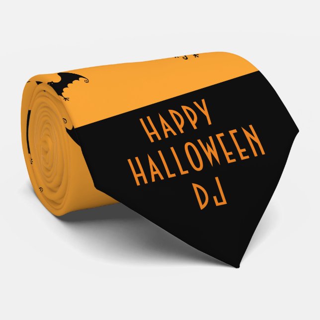 Monogrammed Halloween & Black Bats, Orange Neck Tie (Rolled)