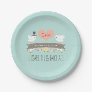 Monogrammed Heart Aqua Blue Love Bird Dove Wedding Paper Plates