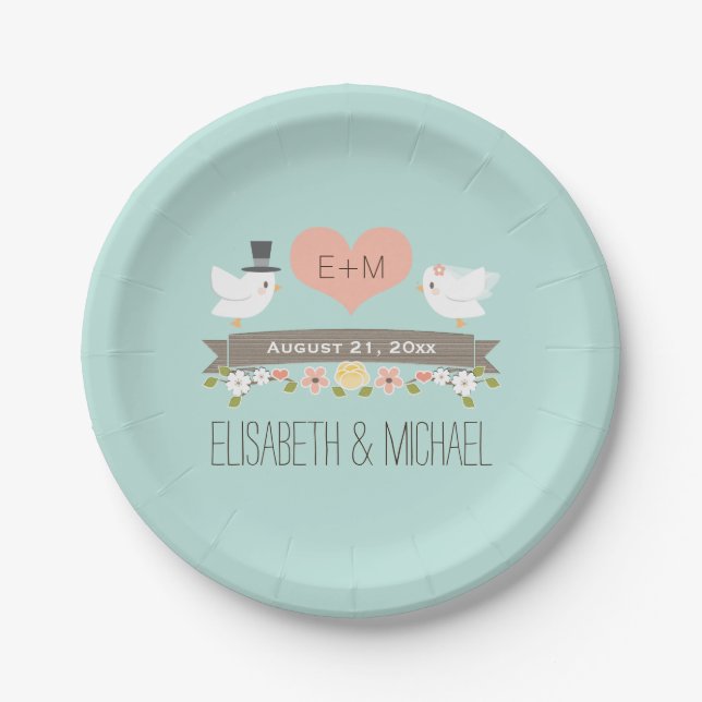 Monogrammed Heart Aqua Blue Love Bird Dove Wedding Paper Plates (Front)