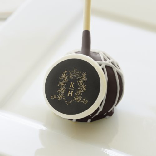 Monogrammed heart crown crest black gold wedding  cake pops