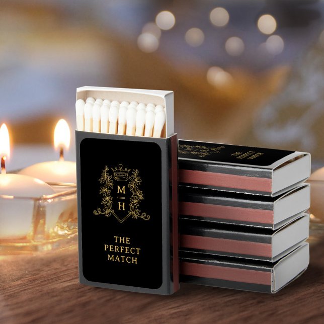 Monogrammed heart crown crest black gold wedding matchboxes (Creator Uploaded)