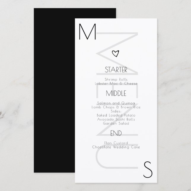 Monogrammed  Heart Wedding Black White Menu (Front/Back)