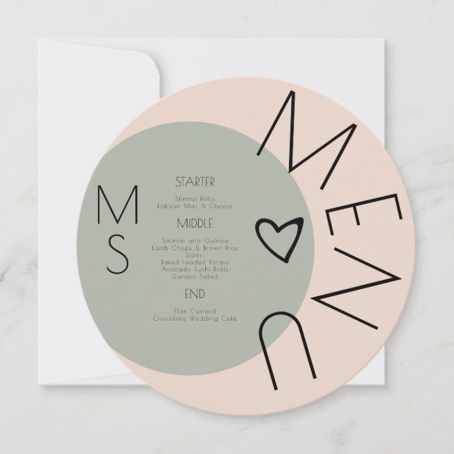 Monogrammed  Heart Wedding Circular Sage Menu (Front)