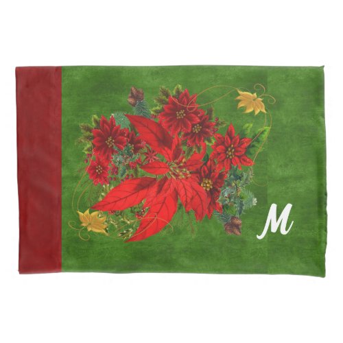 Monogrammed Holiday Floral Poinsettias Pillow Case