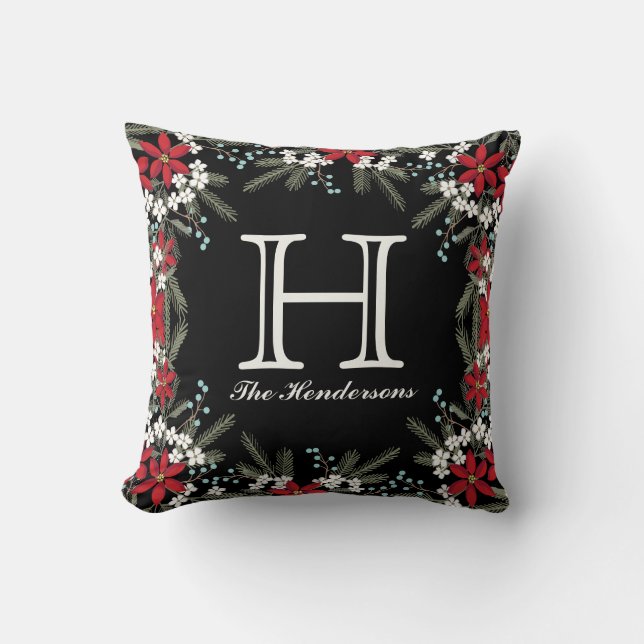 Monogrammed Holiday Theme Floral Decor Throw Pillow (Front)
