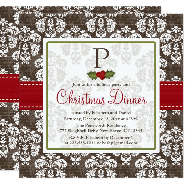 Monogrammed Holly Berry Christmas Party Invitation
