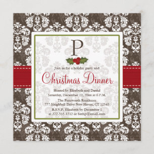 Monogrammed Holly Berry Christmas Party Invitation