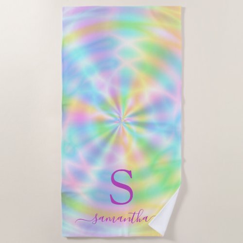 Monogrammed Holographic Pastel Neon Iridescent Beach Towel