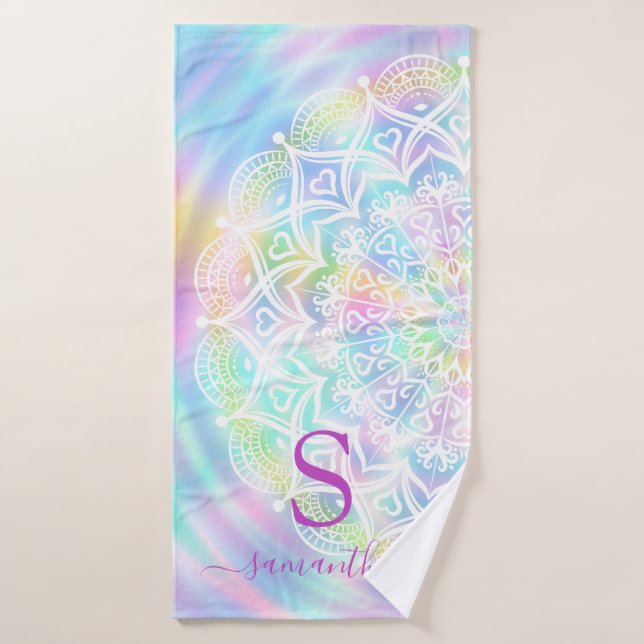 Monogrammed Holographic Pastel Neon Rainbow Bath Towel (Bath Towel)