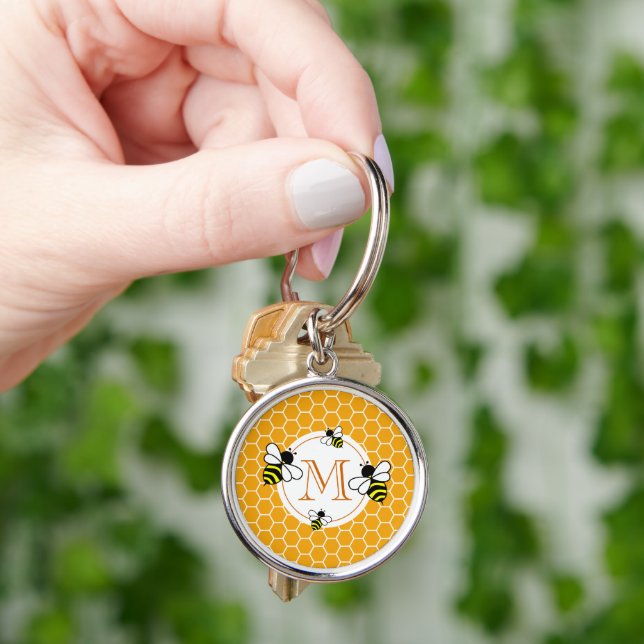Monogrammed Honeycomb Pattern with Bees Keychain (Hand)