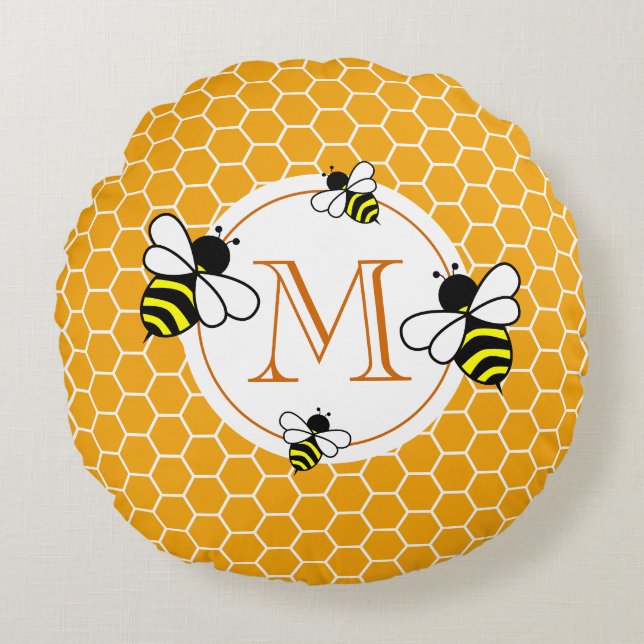 Monogrammed Honeycomb Pattern with Bees Round Pillow (Front)