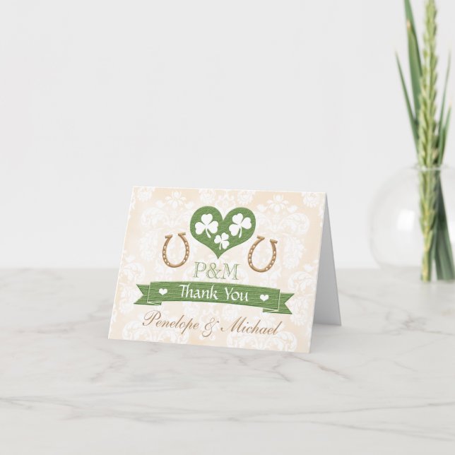 MONOGRAMMED HORSESHOE SHAMROCK WEDDING THANK YOU CARD (Front)