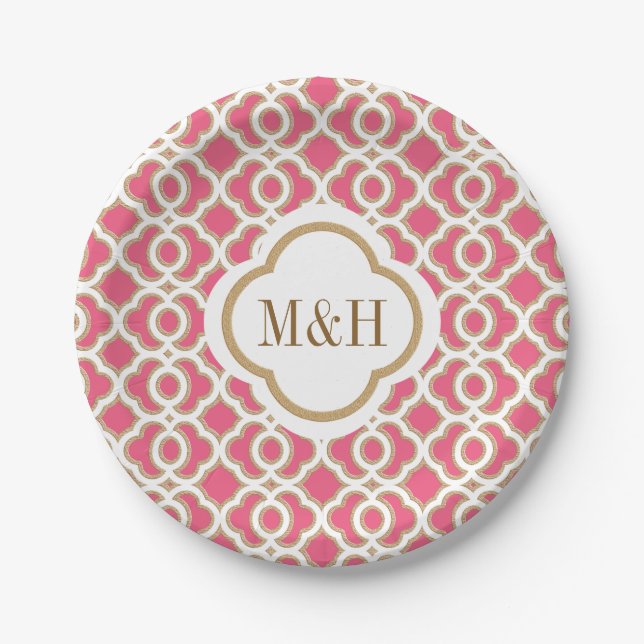 Monogrammed Hot Pink and Gold Moroccan Wedding Paper Plates (Front)