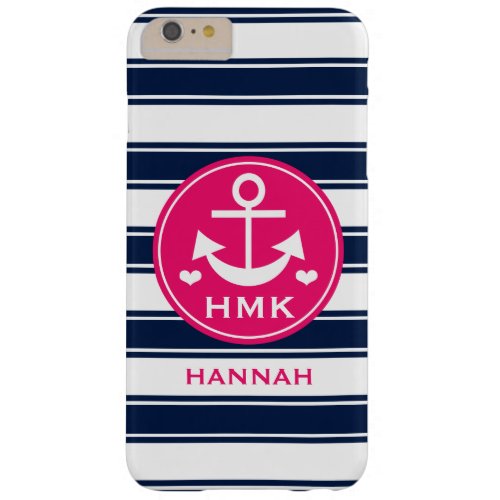 MONOGRAMMED HOT PINK AND NAVY ANCHOR BARELY THERE iPhone 6 PLUS CASE