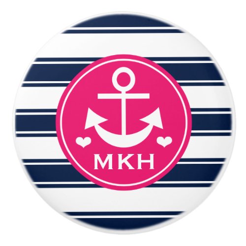 Monogrammed Hot Pink and Navy Anchor Ceramic Knob