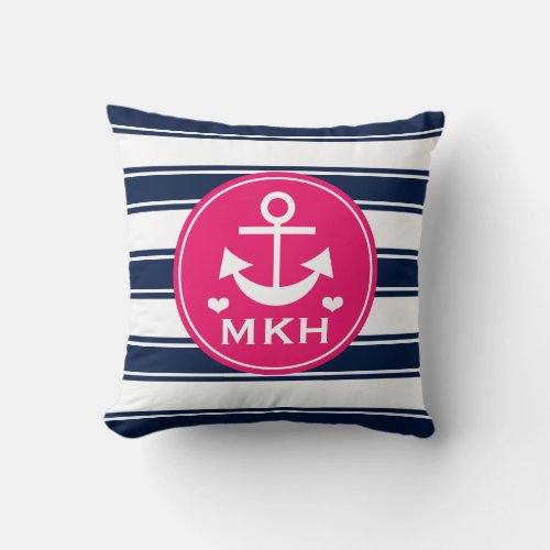 Monogrammed Hot Pink and Navy Blue Anchor Throw Pillow